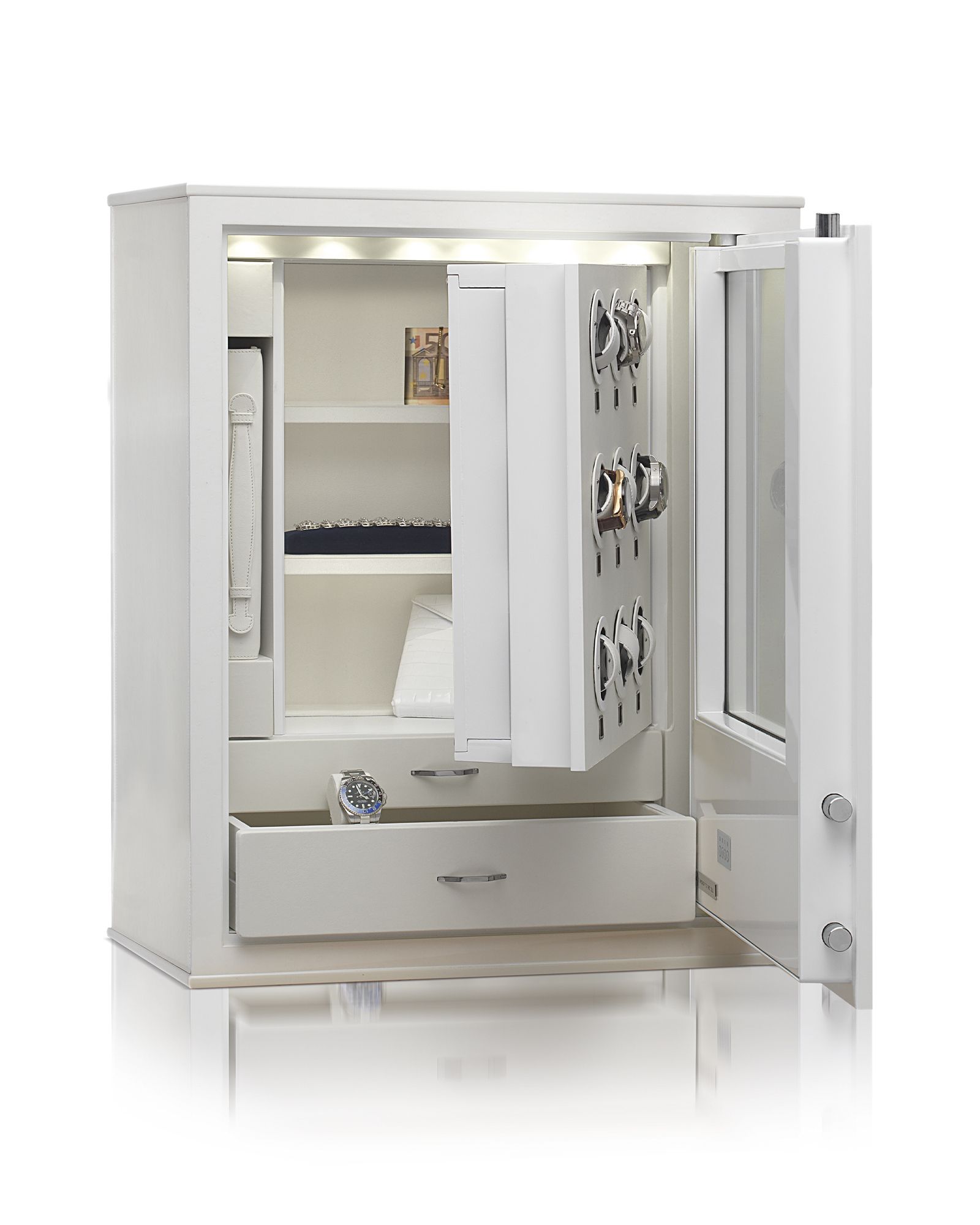 White Agresti watch safe open showing winder panel, shelves and a lined drawer